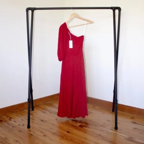 NWT Reformation Lawrence One Shoulder Crimson Red Puff Sleeve Midi Dress Size 8 - Picture 2 of 9